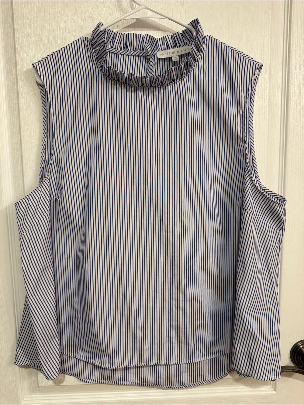 Preston & York Navy and White Striped Ruffle Mock Neck Sleeveless Top
